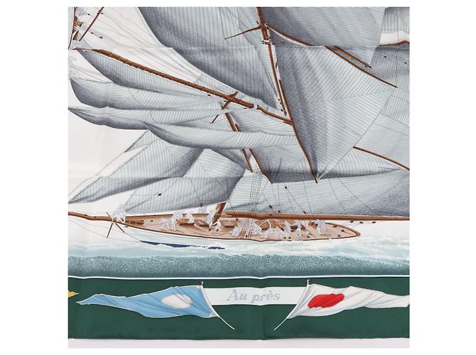 Foulard Hermès Carré 90 "VENT PORTANT" 100% Seta Grigio - vista 5