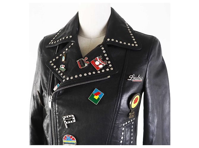 Yves Saint Laurent Saint Laurent Lederjacke, Mehrpin-Abzeichen, schwarz - Ansicht 2