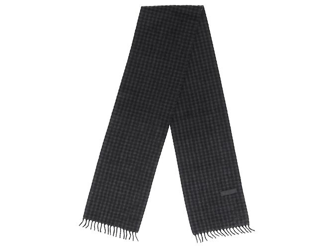 Prada Logo with Pattern Fringed Scarf in Black and Grey Cashmere - view 2