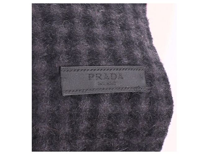 Prada Logo with Pattern Fringed Scarf in Black and Grey Cashmere - view 7