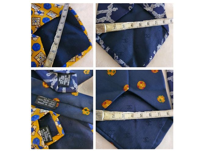 3 cravates chanel vintage Blanc Multicolore Jaune Bleu Marine - vue 10