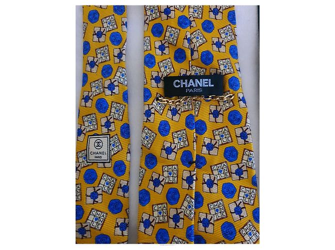 3 cravates chanel vintage Blanc Multicolore Jaune Bleu Marine - vue 13