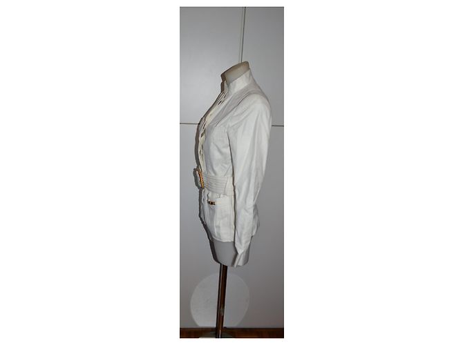 Chaqueta Zara blanca de algodón y lino con cinturón efecto bambú Blanco - vista 3