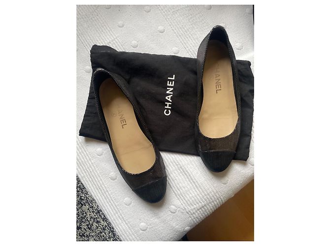 Ballerine Chanel Bicolore in Pelle Nera e Metallizzata Nero Metallico - vista 12
