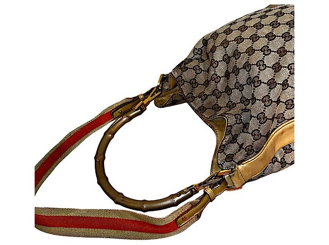 Bamboo Borsa a spalla Gucci Monogram GG con manico in bambù e tracolla Web Beige - vista 11