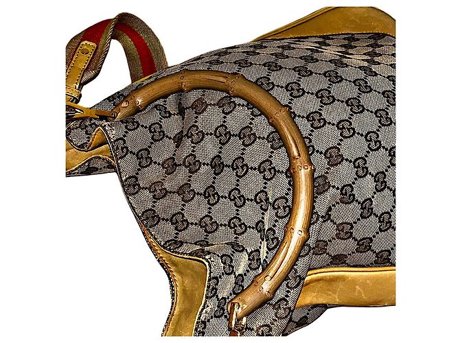 Bamboo Borsa a spalla Gucci Monogram GG con manico in bambù e tracolla Web Beige - vista 12