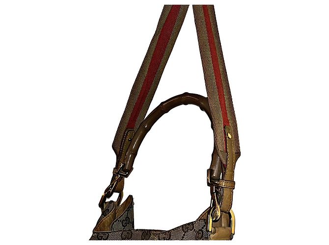 Bamboo Borsa a spalla Gucci Monogram GG con manico in bambù e tracolla Web Beige - vista 5