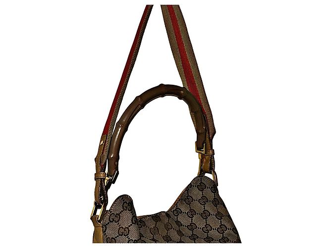 Bamboo Borsa a spalla Gucci Monogram GG con manico in bambù e tracolla Web Beige - vista 6