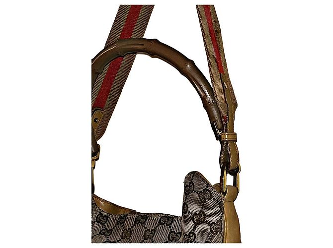 Bamboo Borsa a spalla Gucci Monogram GG con manico in bambù e tracolla Web Beige - vista 7