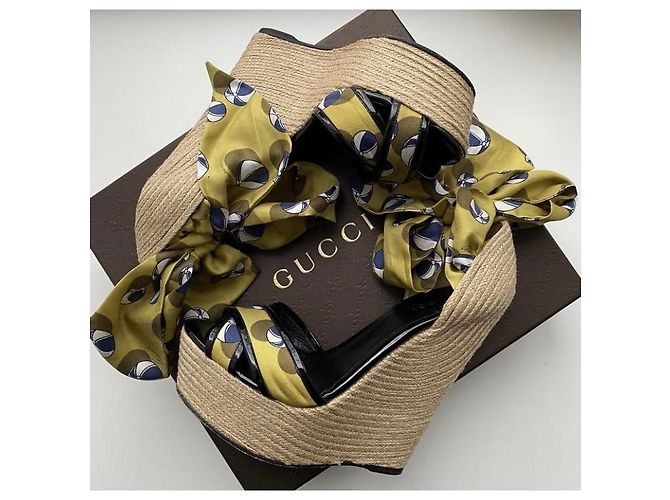 Marmont Sciarpa in seta e juta multicolore Gucci, zeppa con avvolgimento alla caviglia Giallo - vista 2