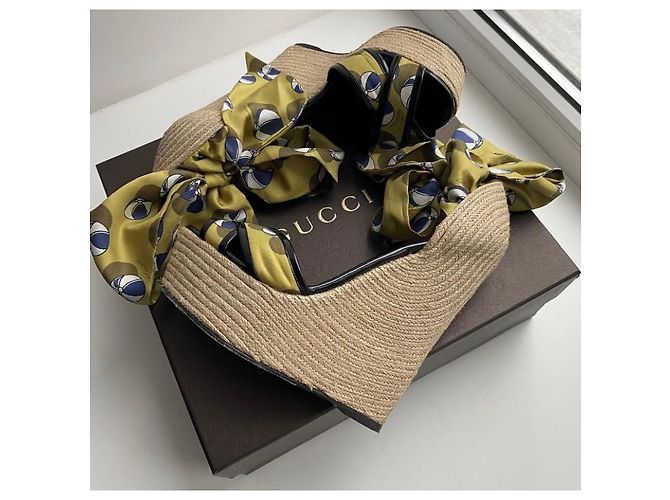 Marmont Sciarpa in seta e juta multicolore Gucci, zeppa con avvolgimento alla caviglia Giallo - vista 3