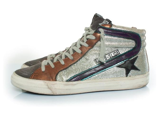 Golden Goose, sneakers alte glitter Marrone Argento - vista 2