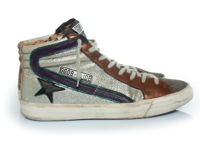 Golden Goose, sneakers alte glitter Marrone Argento - vista 4