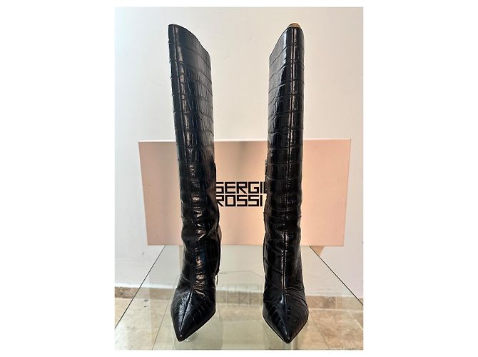 Botas Sergio Rossi de cuero grabado efecto cocodrilo negro - vista 2