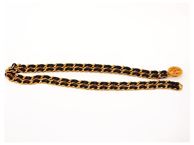 Chanel-Medaillon und doppelte Lederketten-Gürtel Gold hardware - Ansicht 6