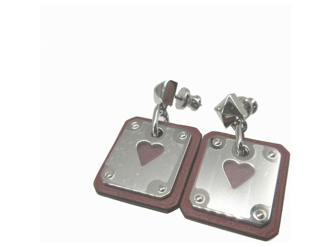 Hermès Orecchini in metallo con cuore inciso in pelle Hermes Asdukur Z Marrone Argento - vista 2