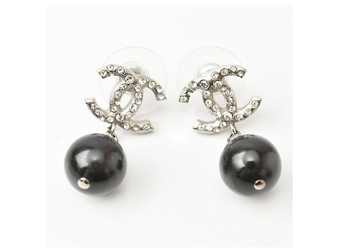 Chanel CC Mark Swing Perlen und Strass Ohrringe Schwarz Silber - Ansicht 2