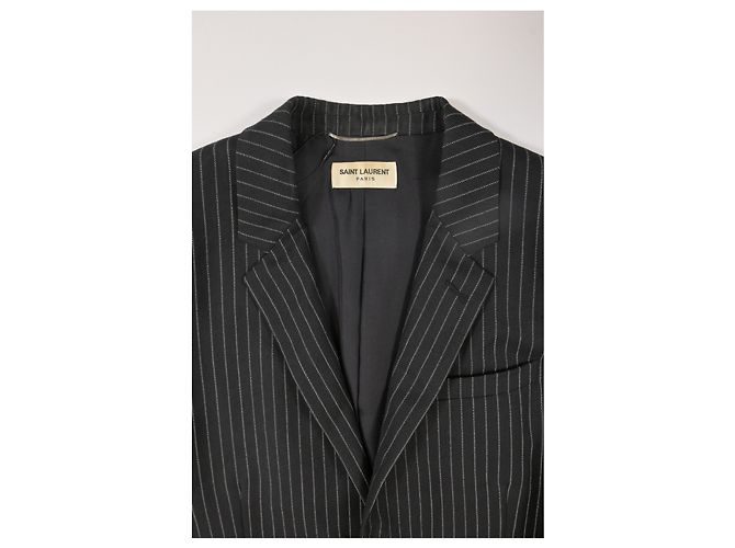 Saint Laurent Pinstripe Single-Breasted Blazer with Pockets in Black Wool - view 9