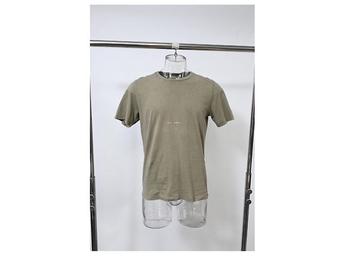 Camiseta de algodón caqui con estampado del logo de Saint Laurent efecto desgastado - vista 6
