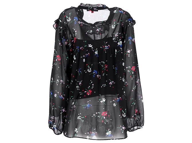 Maje Rüschentop mit Blumenmuster aus schwarzem Polyester - Ansicht 3
