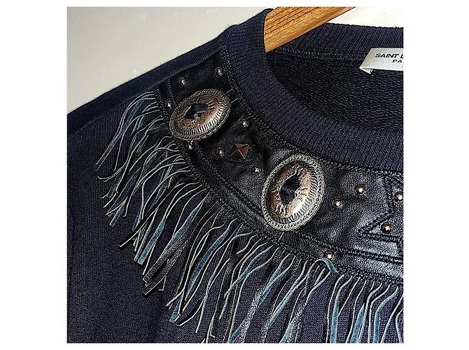 Authentischer Saint Laurent 14 AW Slimane Sweatshirt aus Lammleder mit Fransen und Metallornament Schwarz - Ansicht 2