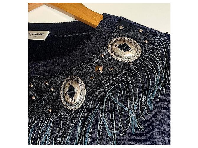 Authentischer Saint Laurent 14 AW Slimane Sweatshirt aus Lammleder mit Fransen und Metallornament Schwarz - Ansicht 3