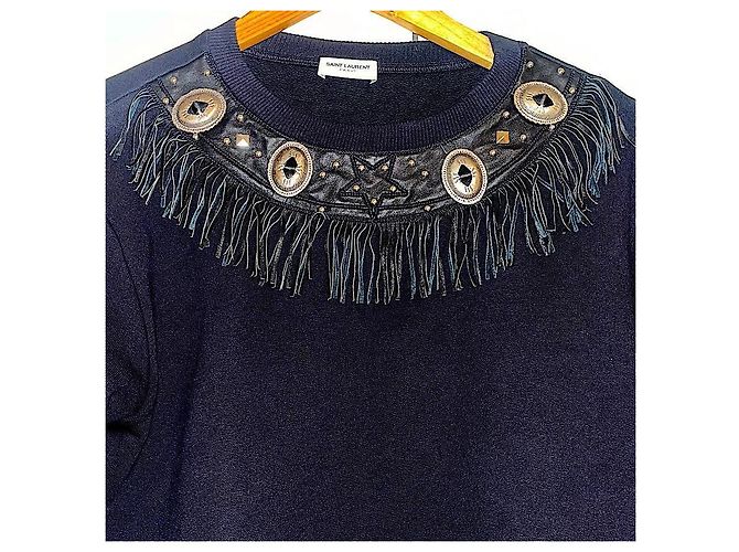 Authentischer Saint Laurent 14 AW Slimane Sweatshirt aus Lammleder mit Fransen und Metallornament Schwarz - Ansicht 4