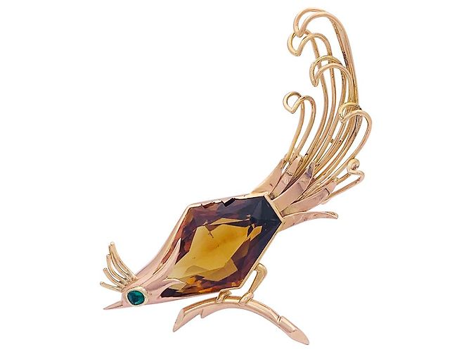 inconnue Spilla vintage, 'Uccello del Paradiso', oro rosa, citrino, smeraldo. - vista 2