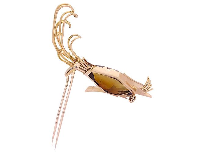inconnue Spilla vintage, 'Uccello del Paradiso', oro rosa, citrino, smeraldo. - vista 5