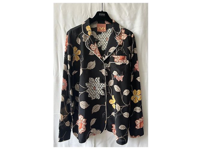 Autre Marque Bluse Blazer IVI Collection aus schwarzer Seide mit Blumenmuster - Ansicht 2
