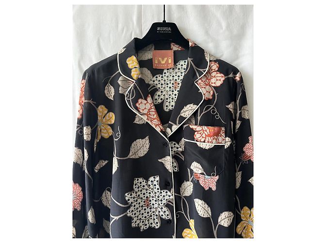 Autre Marque Bluse Blazer IVI Collection aus schwarzer Seide mit Blumenmuster - Ansicht 3