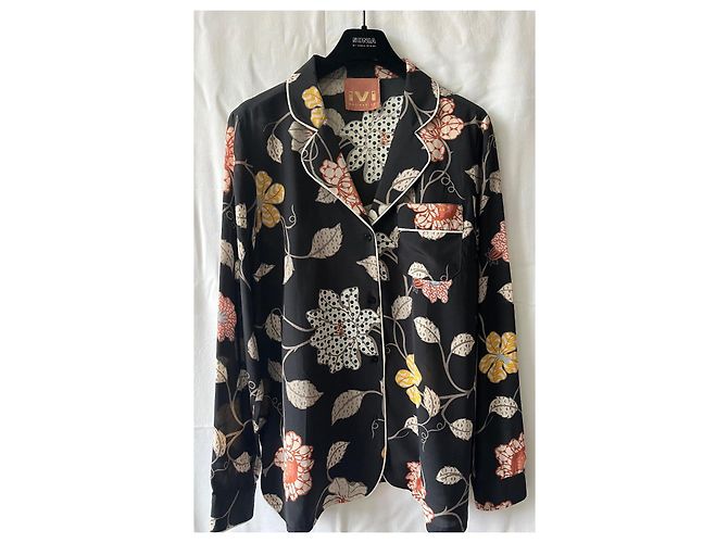 Autre Marque Bluse Blazer IVI Collection aus schwarzer Seide mit Blumenmuster - Ansicht 4