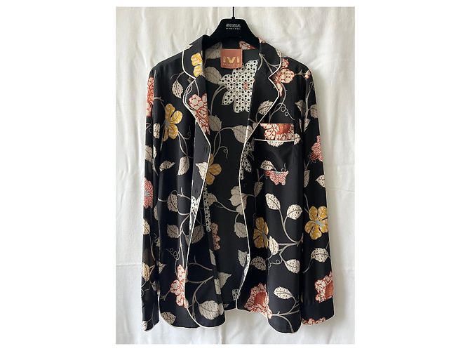 Autre Marque Bluse Blazer IVI Collection aus schwarzer Seide mit Blumenmuster - Ansicht 6