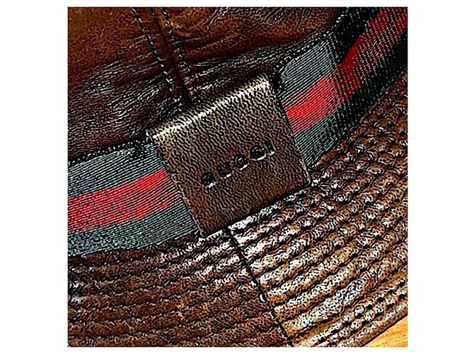 Authentic Gucci Rare Tom Ford Brown Leather Web Bucket Hat - Ansicht 2