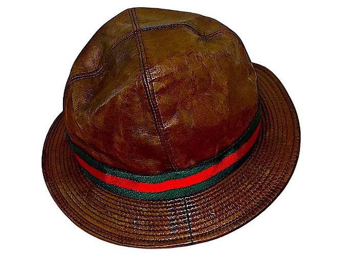 Authentic Gucci Rare Tom Ford Brown Leather Web Bucket Hat - Ansicht 3
