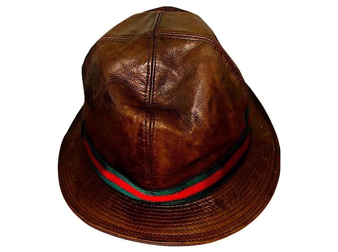 Authentic Gucci Rare Tom Ford Brown Leather Web Bucket Hat - Ansicht 4