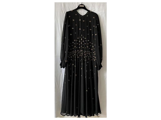 Twin Set Langes Chiffon Kleid Schwarz mit goldenen Perlen 44 IT - Ansicht 2
