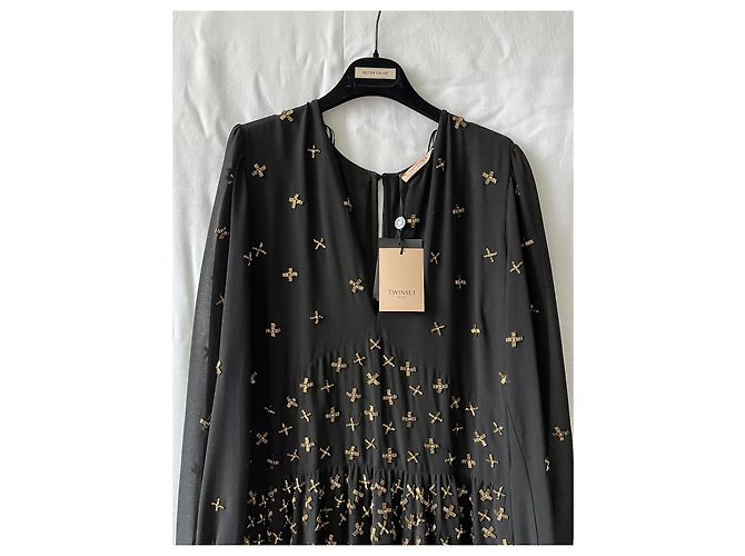 Twin Set Langes Chiffon Kleid Schwarz mit goldenen Perlen 44 IT - Ansicht 3