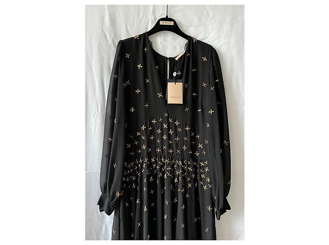 Twin Set Langes Chiffon Kleid Schwarz mit goldenen Perlen 44 IT - Ansicht 4