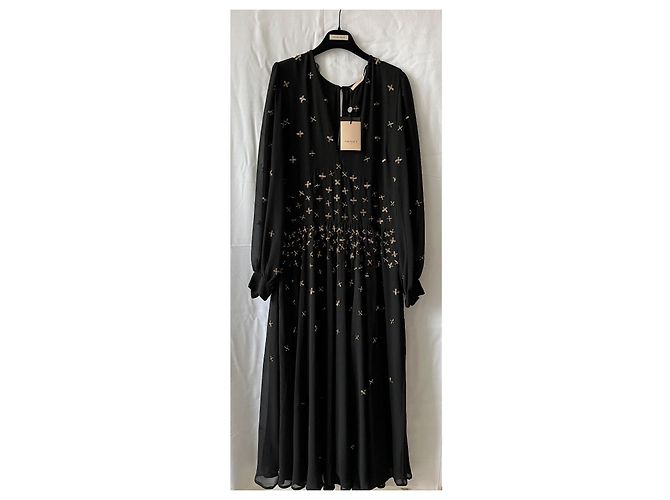Twin Set Langes Chiffon Kleid Schwarz mit goldenen Perlen 44 IT - Ansicht 5
