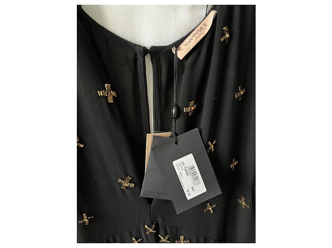 Twin Set Langes Chiffon Kleid Schwarz mit goldenen Perlen 44 IT - Ansicht 6