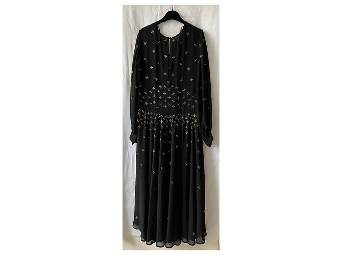 Twin Set Langes Chiffon Kleid Schwarz mit goldenen Perlen 44 IT - Ansicht 7