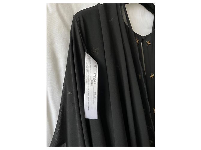Twin Set Langes Chiffon Kleid Schwarz mit goldenen Perlen 44 IT - Ansicht 8