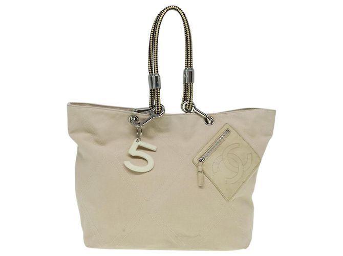 CHANEL COCO Tote Bag aus Canvas Beige Silber CC Auth bs18464 - Ansicht 13