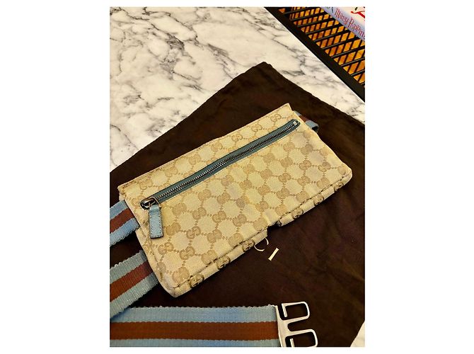 Gucci Belt bag a doppia tasca GG Monogram Web blu Marrone Beige - vista 10