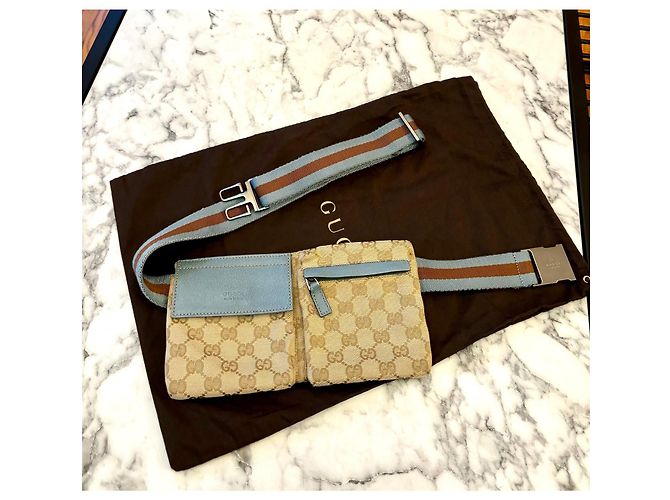 Gucci Belt bag a doppia tasca GG Monogram Web blu Marrone Beige - vista 15