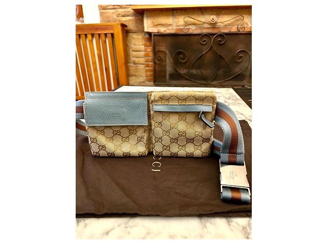 Gucci Belt bag a doppia tasca GG Monogram Web blu Marrone Beige - vista 2