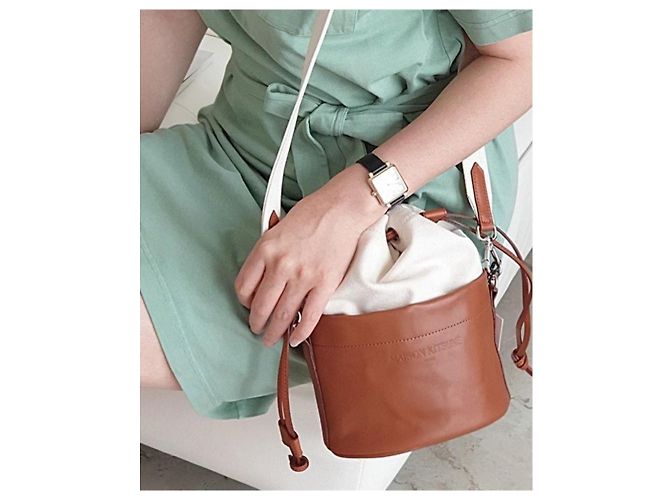Autre Marque Borsa a secchiello Maison Kitsuné Camel in pelle e cotone Cammello - vista 10