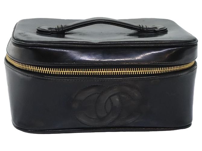CHANEL COCO Marca Pouch Vanity Pelle verniciata Nera Oro CC Auth bs18347 Nero D'oro - vista 2