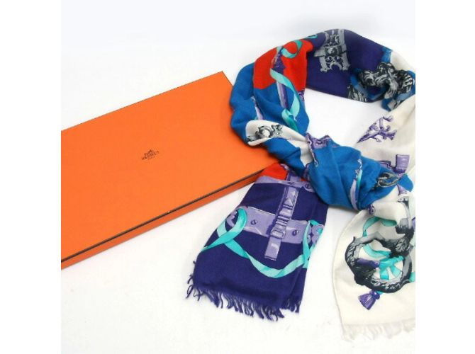 Hermès Sciarpa grande in ferro battuto Hermes Bianco Rosso Blu Multicolore Porpora - vista 11